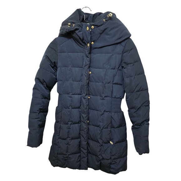 Cole Haan Women's PXS Navy Quilted Long Puffer Coat Detachable Hood Gold Elastic - Picture 1 of 8